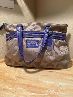Coach Tan Signature Tote with Purple Trim